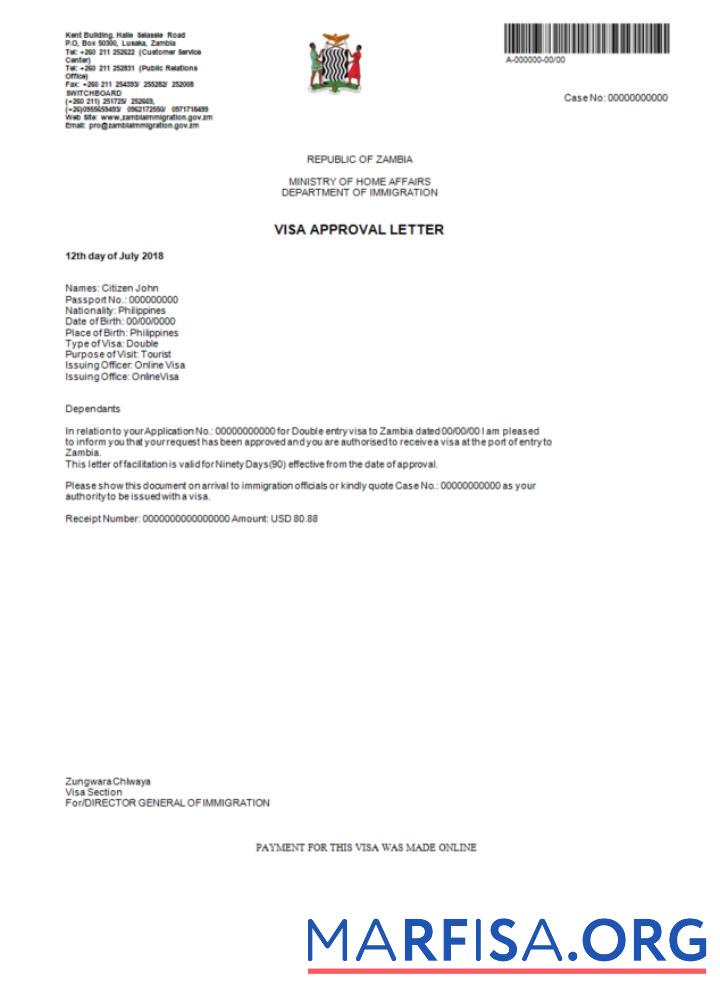 Blank Zambia e visa in Word and Pdf template